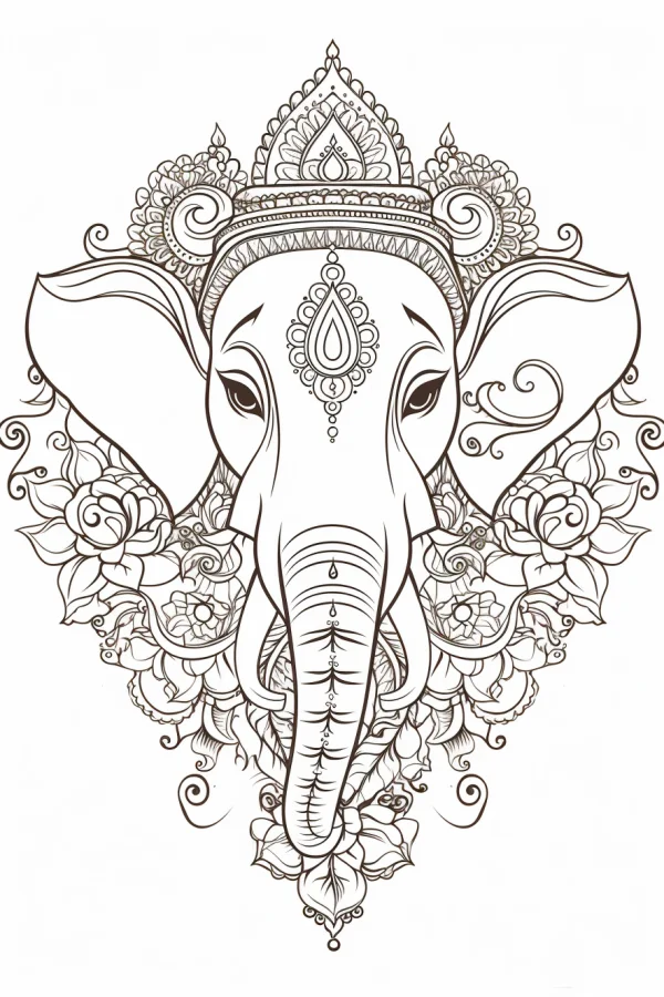 Ornate elephant-headed deity ganesha, indian style — free printable india coloring book page