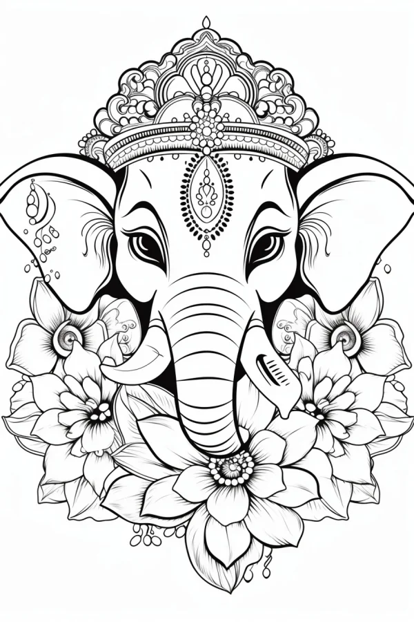 Decorative lord ganesha head surrounded by lotus and floral patterns, indian style — free printable india coloring book page