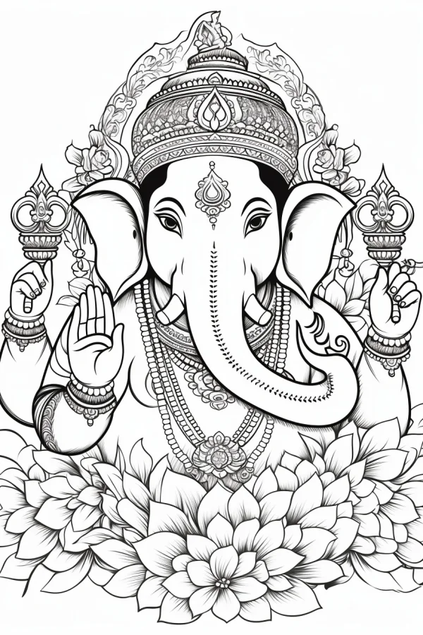 Ganesha seated on lotus throne, indian traditional style — free printable india coloring book page