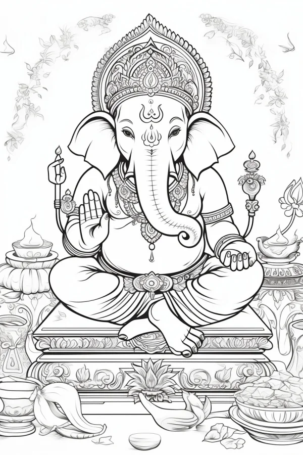 Hindu god ganesha, indian traditional style — free printable indian culture coloring book page