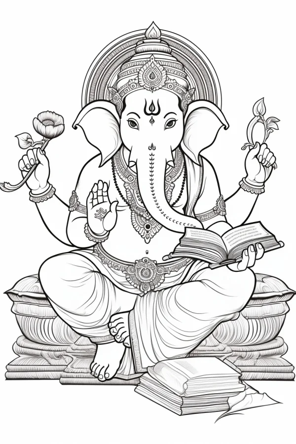 Hindu god ganesha, indian religious art style — free printable indian culture coloring book page