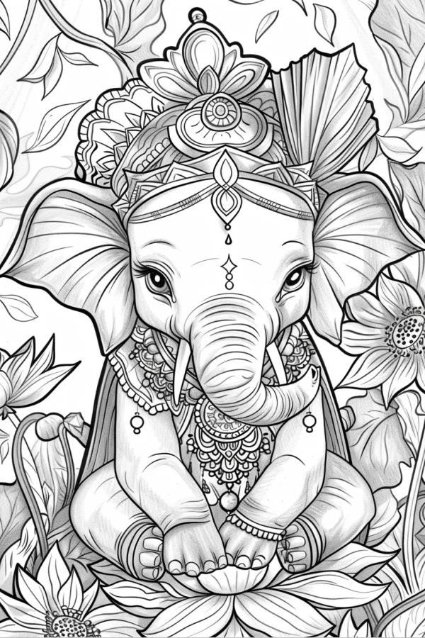 Cute cartoon lord ganesha sitting on lotus flower, indian cultural style — free printable indian culture coloring book page