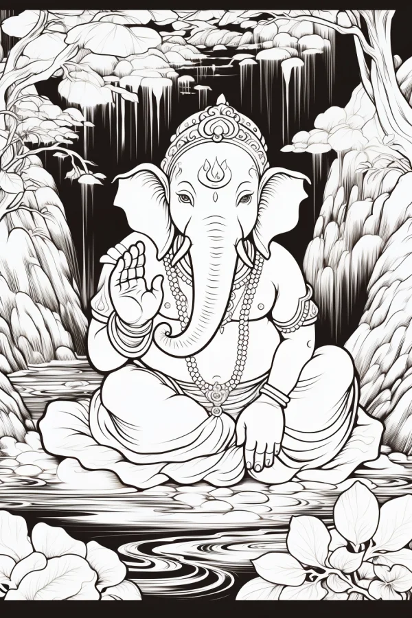 Lord ganesha sitting on lotus mat, indian style — free printable india coloring book page