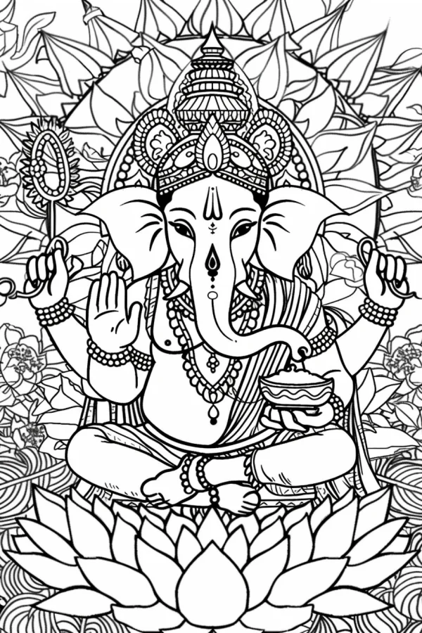 Lord ganesha sitting on lotus, indian mandala style — free printable indian culture coloring book page