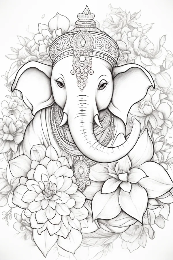 Ornate lord ganesha with decorative crown and necklaces, indian cultural style — free printable indian culture coloring book page