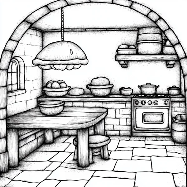 Stone-built vintage kitchen interior, realistic illustration style — free printable kitchen coloring book page