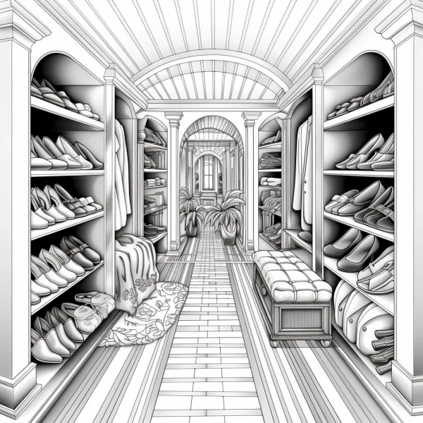 Luxury walk-in closet filled with various shoes and clothes, realistic sketch style — free printable shopping coloring book page