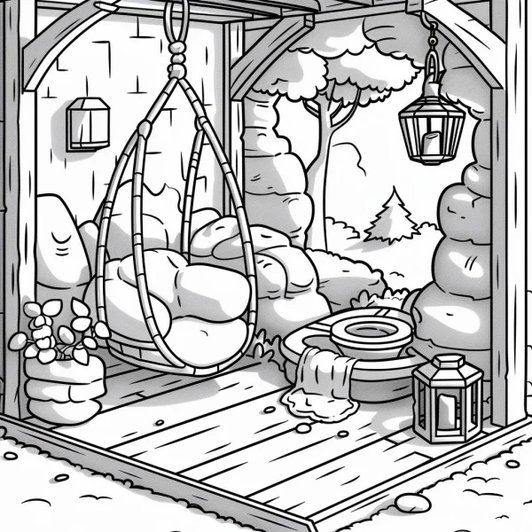 Cozy patio with hanging swing chair, cartoon style — free printable courtyard coloring book page