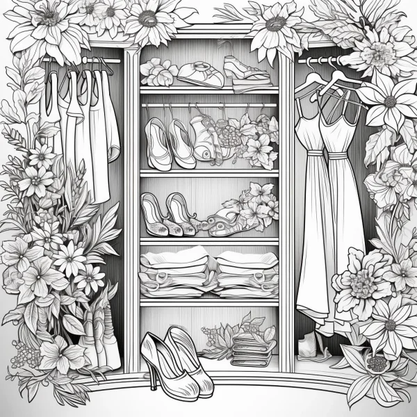 Wardrobe surrounded by blooming flowers with various clothes and shoes, realistic line art style — free printable clothing coloring book page