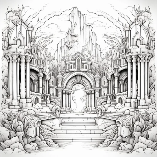 Fantasy castle with stone arches and columns, intricate detailed line art — free printable castle coloring book page
