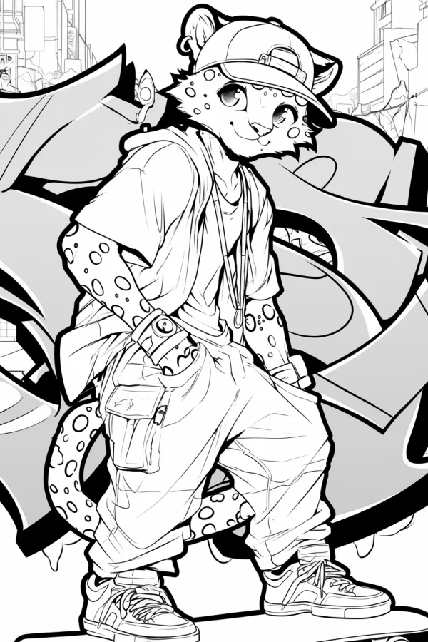 Anthropomorphic street-style leopard standing on skateboard, cartoon graffiti art style — free printable street culture coloring book page