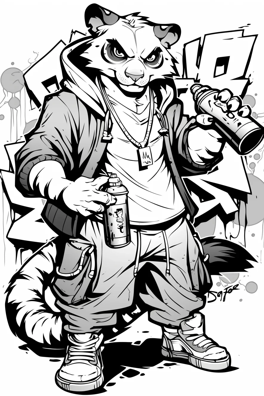 Coloring book page, anthropomorphic raccoon in hip-hop style — moderate detail — line art coloring page — for teens and young adults