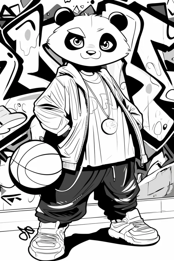 Trendy panda holding basketball, street graffiti style — free printable street culture coloring book page