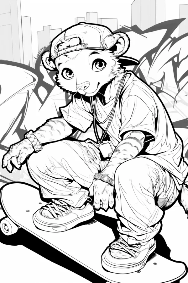 Anthropomorphic leopard wearing baseball cap sitting on skateboard, cartoon street art style — free printable street culture coloring book page