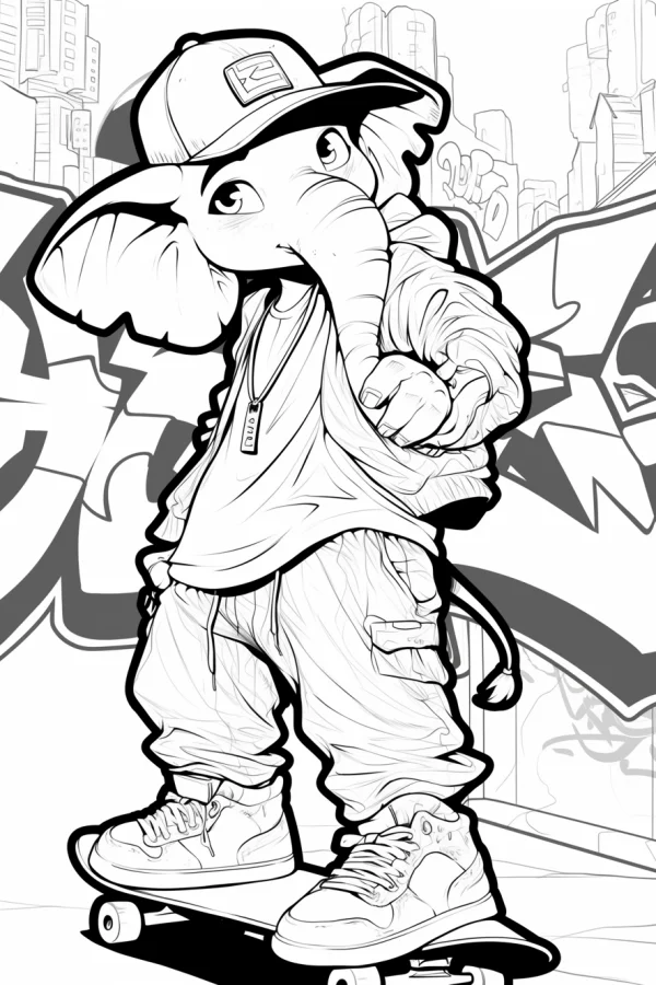 Anthropomorphic elephant skateboarding, cartoon street graffiti style — free printable street culture coloring book page