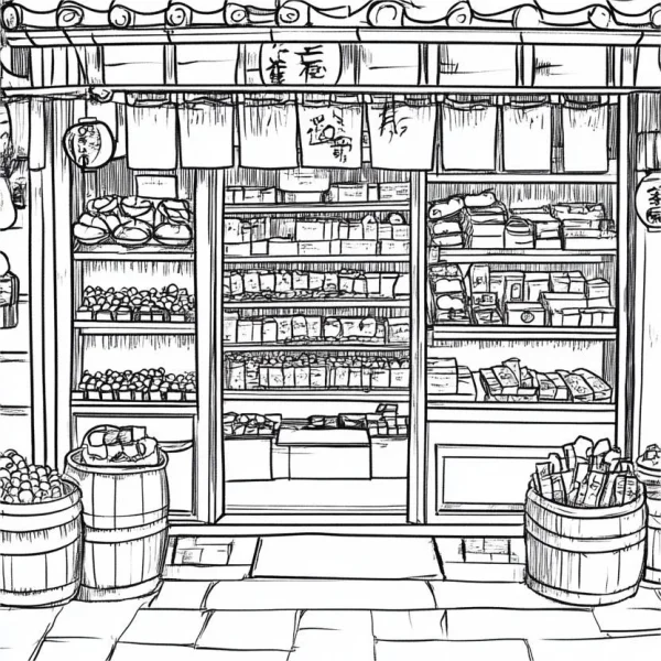 Traditional japanese grocery store, japanese style — free printable shopping coloring book page