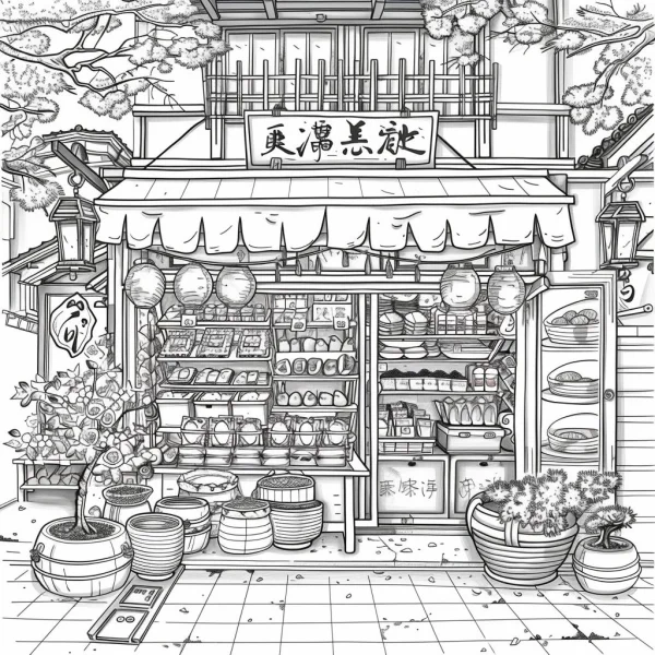 Coloring book page, japanese traditional soup shop — free printable street life coloring book page