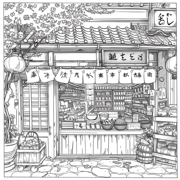 Traditional japanese grocery store, japanese style — free printable shopping coloring book page