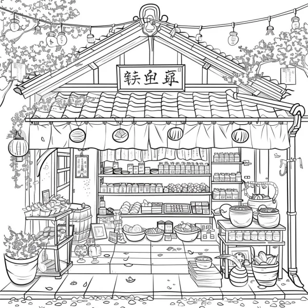 Japanese style grocery store, intricate line art of traditional street shop with tiled roof — free printable shopping coloring book page