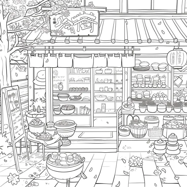 Japanese street food shop, anime illustration style — free printable shopping coloring book page