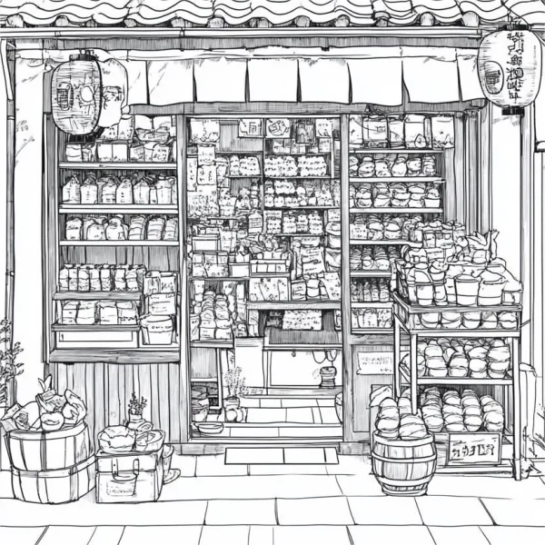 Coloring book page, traditional japanese grocery store — free printable shopping coloring book page