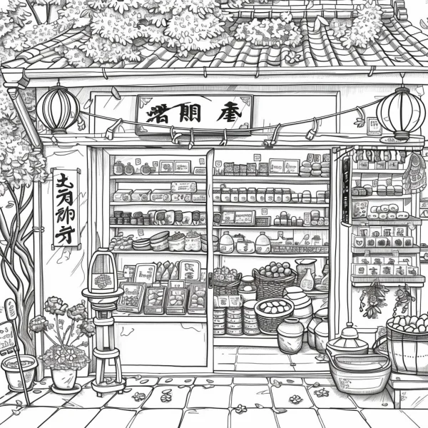 Coloring book page, traditional chinese grocery store — free printable shopping coloring book page