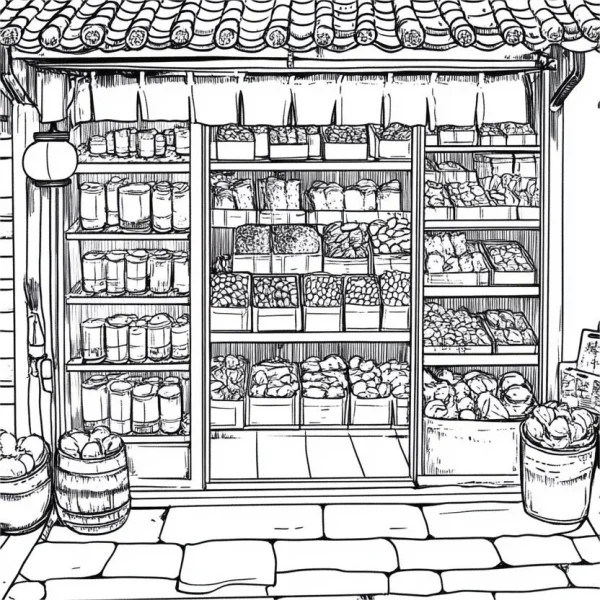 Japanese style grocery store, detailed market scene with shelves filled with canned goods — free printable shopping coloring book page