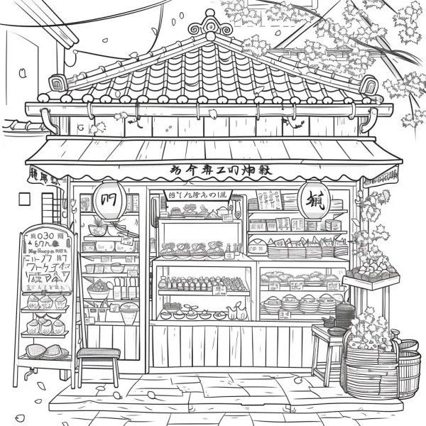 Traditional japanese grocery store, japanese illustration style — free printable shopping coloring book page