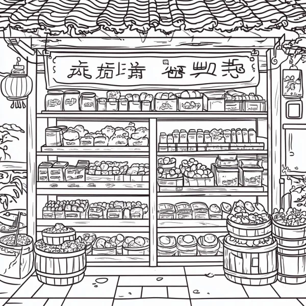 Traditional grocery store filled with fruits and vegetables, cartoon line art style — free printable shopping coloring book page