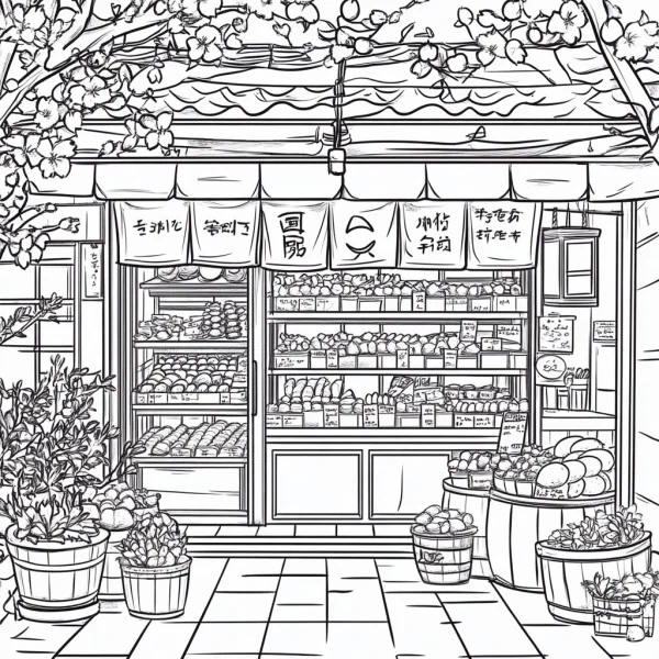 Japanese-style vegetable and fish shop, cozy neighborhood store scene with potted plants and wooden barrels — free printable shopping coloring book page