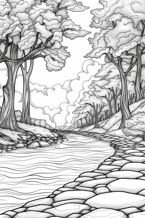 Forest river landscape, realistic illustration style — free printable river coloring book page