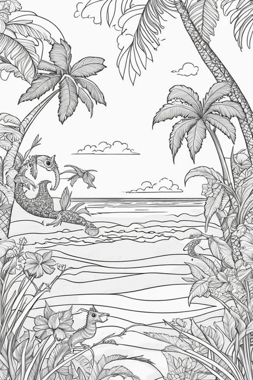 Tropical beach with fantasy creatures and palm trees, illustration style — free printable tropical style coloring book page