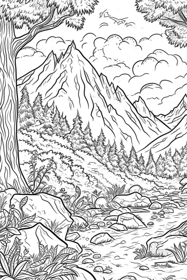 Coloring book page, mountain forest stone beach landscape — free printable mountains coloring book page