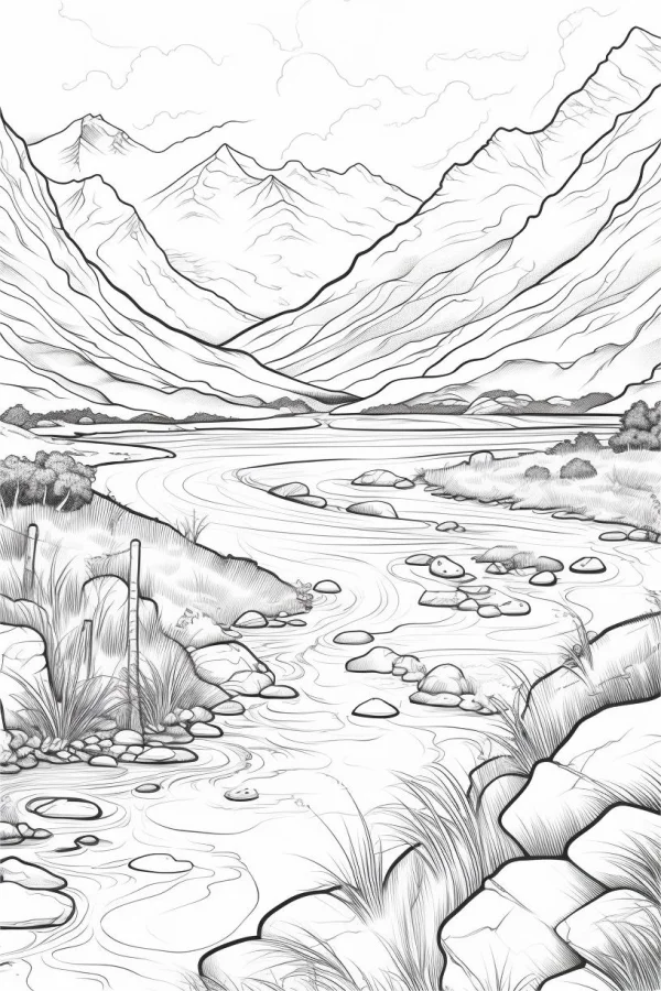 Mountain river landscape, realistic sketch style — free printable river coloring book page