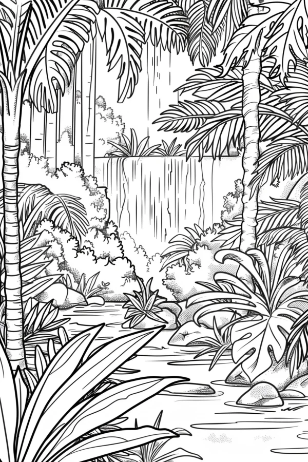 Coloring book page, tropical rainforest waterfall landscape — free printable waterfall coloring book page