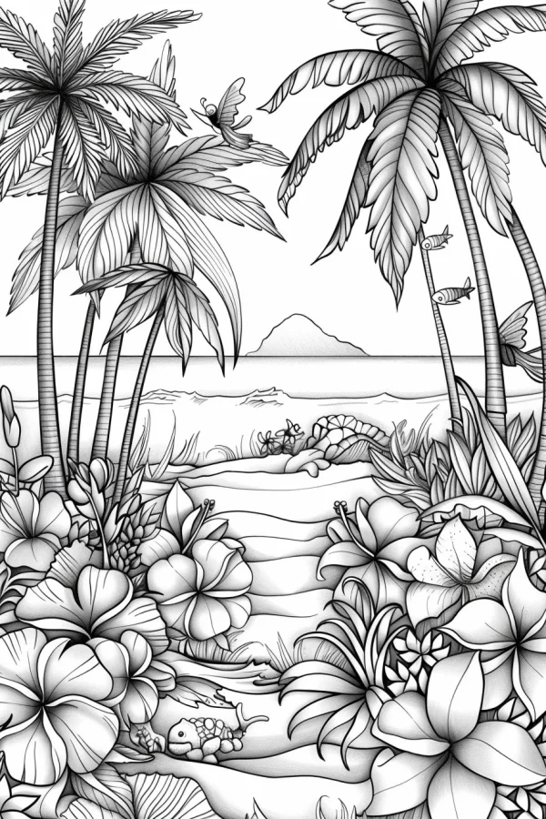 Tropical beach floral landscape with palm trees, hibiscus flowers — free printable tropical plants coloring book page
