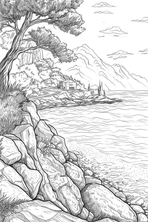 Lakeside rural landscape with rocks and pine trees, realistic style — free printable lakes coloring book page