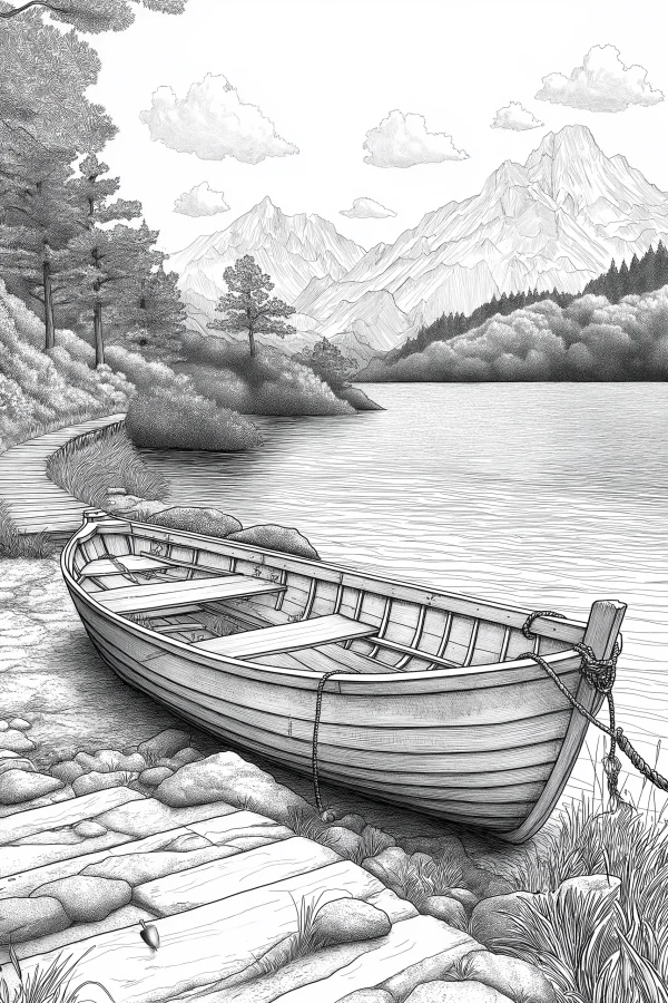 Wooden boat on lake shore with mountain and forest landscape, realistic sketch style — free printable lakes coloring book page