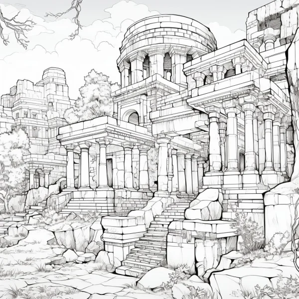 Ancient building ruins with stone columns and steps, realistic style — free printable historical sites coloring book page