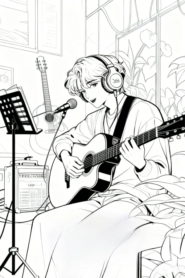 Boy wearing headphones playing acoustic guitar, anime style — free printable home leisure coloring book page