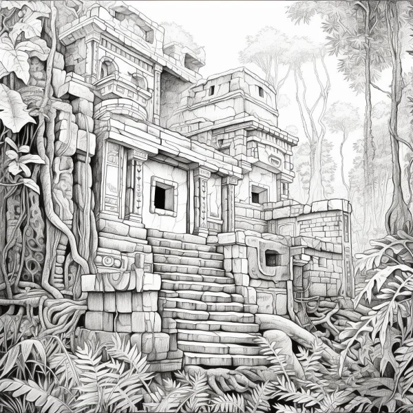 Ancient mayan ruins in tropical jungle, realistic sketch style — free printable maya culture coloring book page