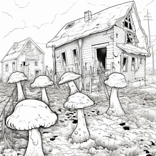 Abandoned houses with giant mushrooms, sketch style — free printable abandoned scene coloring book page