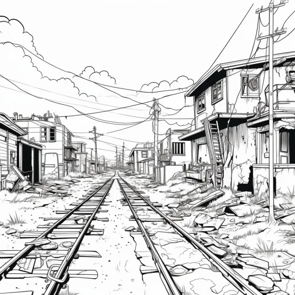 Abandoned town railway, sketch style — free printable towns coloring book page