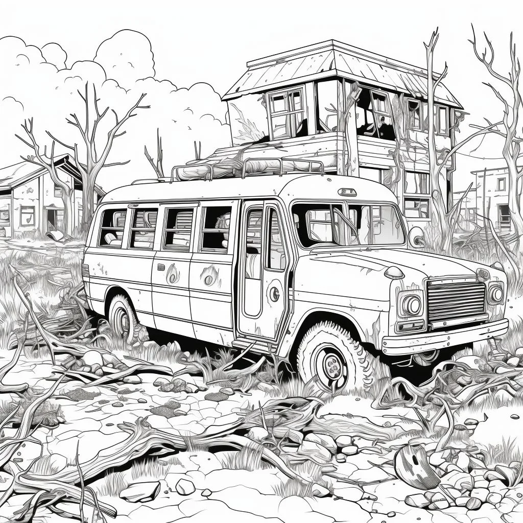 Abandoned bus in post-apocalyptic wasteland, realistic line art style — realistic style — moderate detail — line art coloring page — for kids and adults of all ages