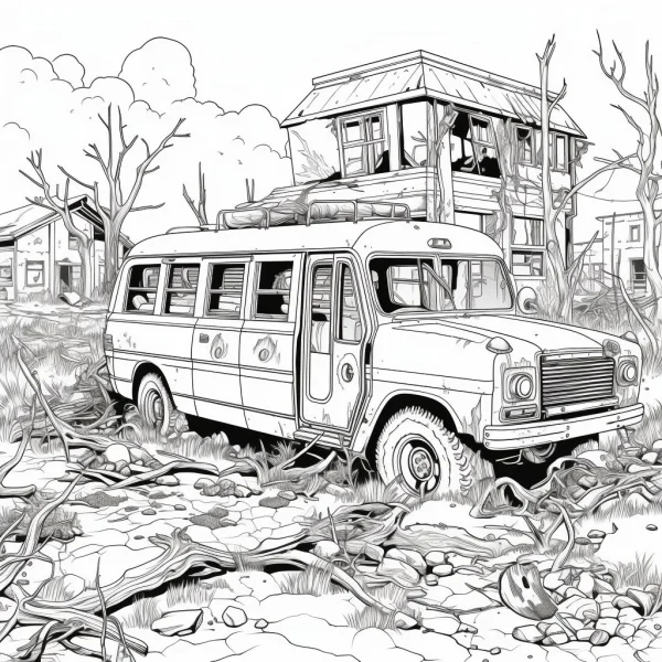 Abandoned bus in post-apocalyptic wasteland, realistic line art style — free printable wasteland coloring book page