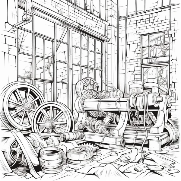 Abandoned industrial mechanical devices in derelict factory, realistic industrial style — free printable industrial ruins coloring book page