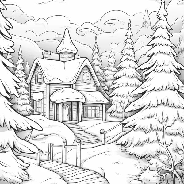 Forest snow-covered cottage, cartoon style — free printable country cabin coloring book page