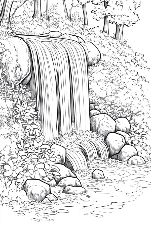 Forest waterfall stream landscape, realistic line art style — free printable waterfall coloring book page