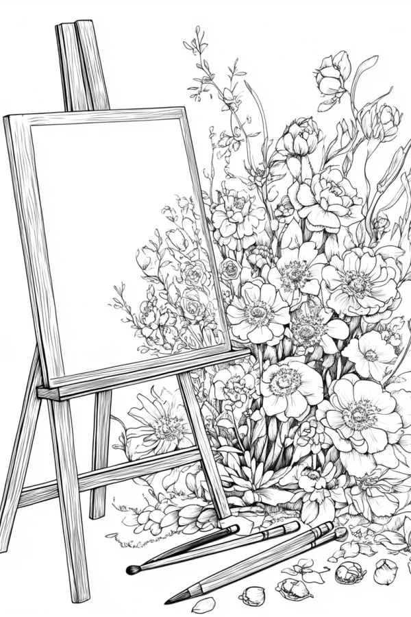 Easel with blank canvas surrounded by various flowers and leaves, realistic sketch style — free printable painting coloring book page
