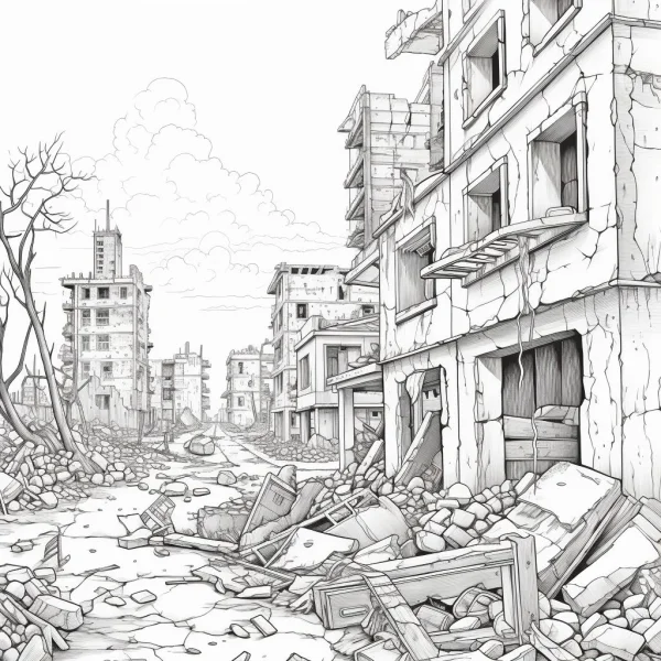 City ruins scene, realistic sketch style — free printable ruins coloring book page